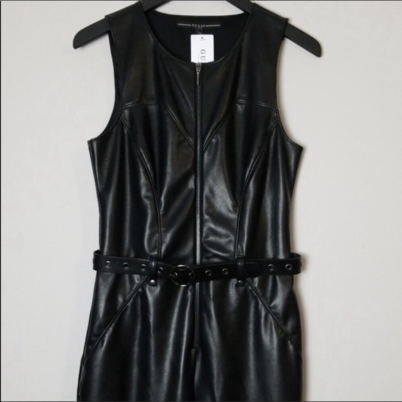 Guess Sandra Faux Leather Moto Belted Jumpsuit Black - Picture 5 of 8